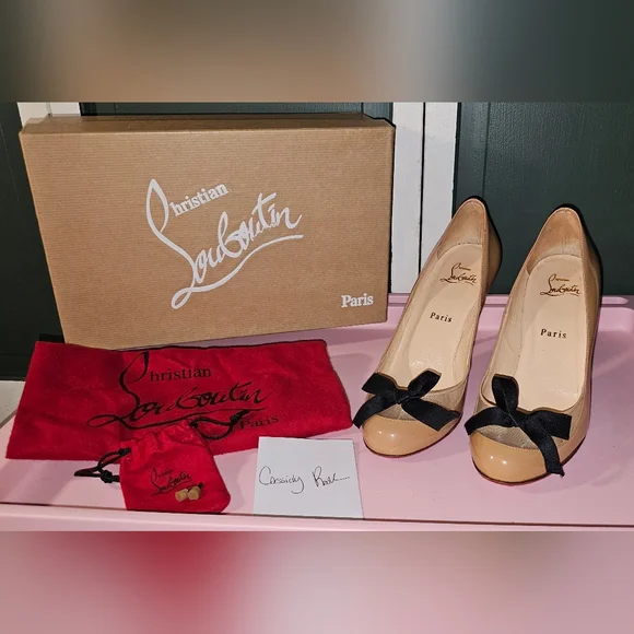 Christian Louboutin Tan Stiletto Heels with Bow Detail - Picture 7 of 9